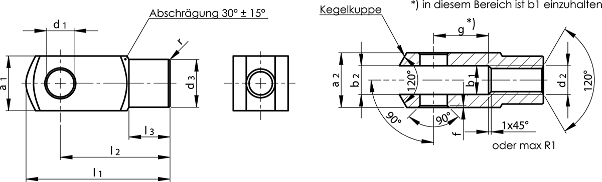 Maßzeichnung Gabelköpfe DIN 71752 Form G aus Stahl