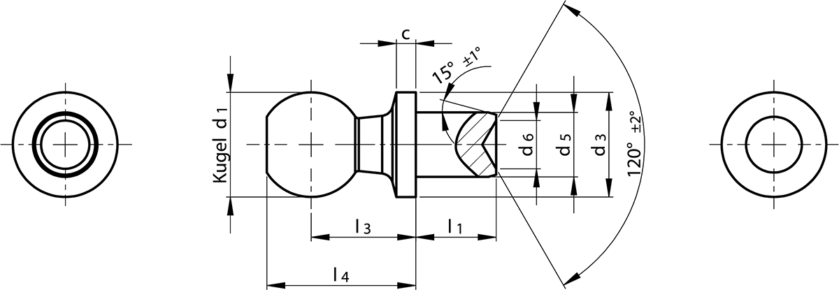 Maßzeichnung Kugelzapfen DIN 71803 Form B mit Nietzapfen