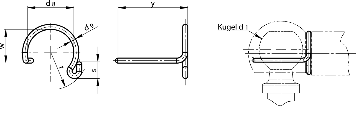 Maßzeichnung Sicherungsbügel für Kugelpfannen aus Stahl DIN 71805 Form S