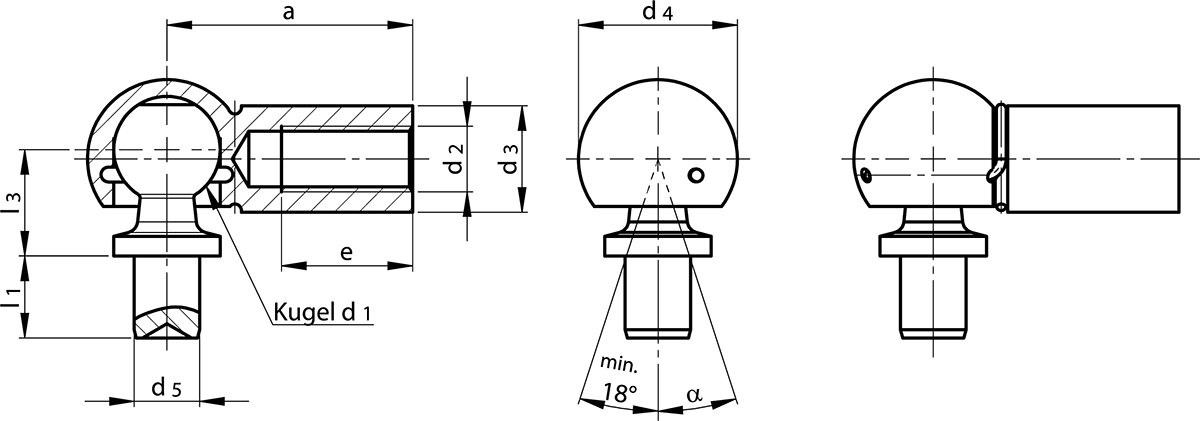 Maßzeichnung Winkelgelenke DIN 71802 Form B / BS mit Nietzapfen