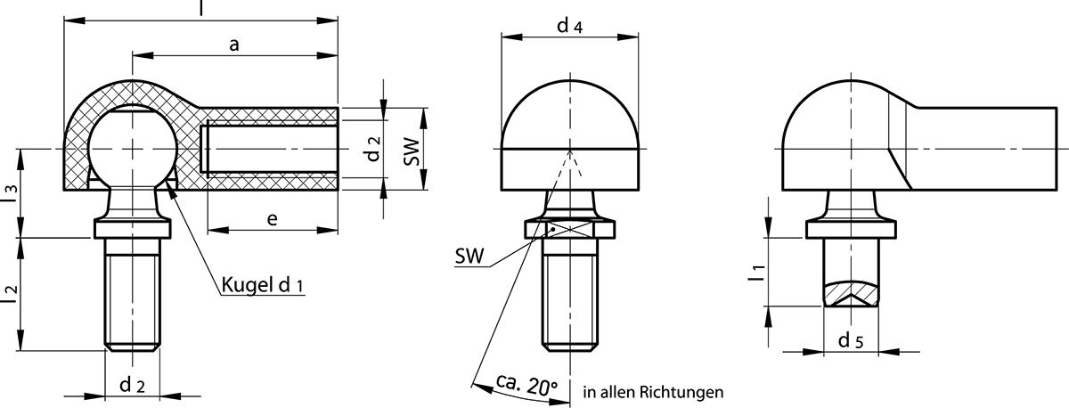 Maßzeichnung Winkelgelenke DIN 71802 Form B / C mit Kunststoffkugelpfannen