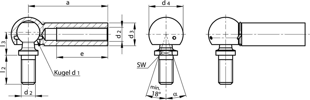 Maßzeichnung Winkelgelenke DIN 71802 Form CS lang mit Gewindezapfen