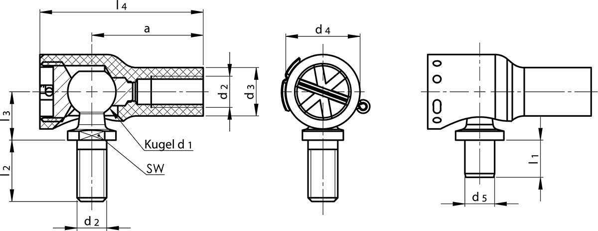Maßzeichnung Winkelgelenke DIN 71801 Form B / C mit Schraubsicherung