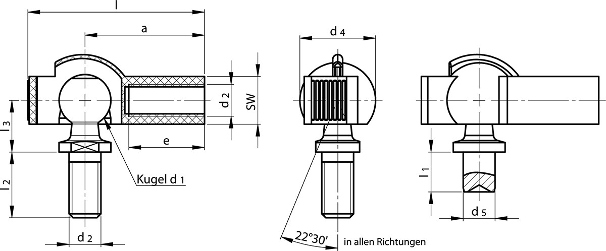 Maßzeichnung Winkelgelenke DIN 71802 Form BS / CS mit Kunststoffkugelpfannen