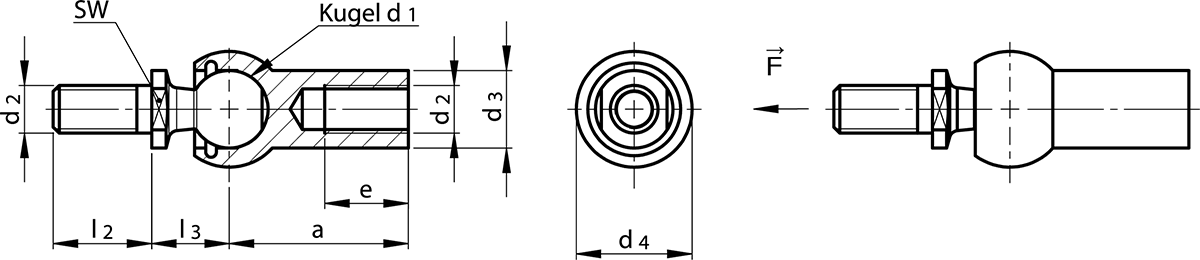 Maßzeichnung Axialgelenke DIN 71802 Form C mit Gewindezapfen